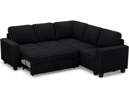 Belffin Plush Corduroy Modular Sectional Sofa with Pull Out Bed Convertible Small Sectional Corner Couch for Living Room Black Couch
