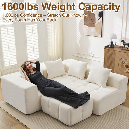 119" Boneless Couch, Cloud Sectional Couch with Deep Seat, High-Density Memory Foam and Chaise, Sectional L Shaped Sofa, Boneless Couches for Living Room, No Assembly Required Tufted Sofa, Beige