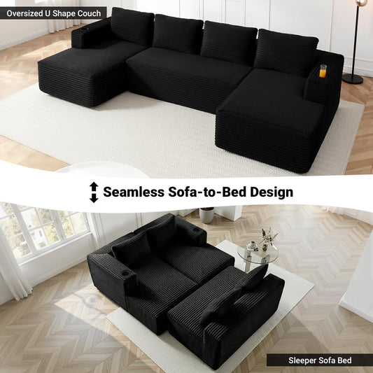 132" Cloud Couch Sectional, Modular Sofa with Cup Holder and Deep Seat, Corduroy U Shaped Boneless Sofas, Couch in a Box, No Assembly Required, Black Couches for Living Room