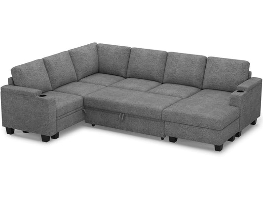 Belffin Sleeper Sofa Modular Sectional Pull Out Couch Bed U Shaped Sofa Couch for Living Room with Storage Chaise. Light Gery