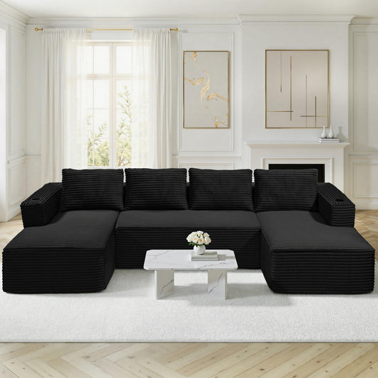 132" Cloud Couch Sectional, Modular Sofa with Cup Holder and Deep Seat, Corduroy U Shaped Boneless Sofas, Couch in a Box, No Assembly Required, Black Couches for Living Room