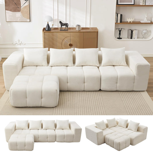 119" Boneless Couch, Cloud Sectional Couch with Deep Seat, High-Density Memory Foam and Chaise, Sectional L Shaped Sofa, Boneless Couches for Living Room, No Assembly Required Tufted Sofa, Beige