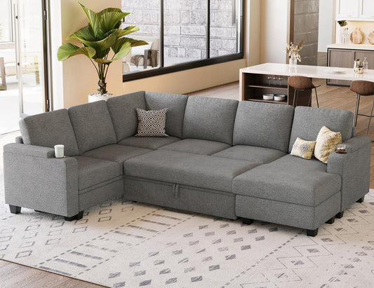Belffin Sleeper Sofa Modular Sectional Pull Out Couch Bed U Shaped Sofa Couch for Living Room with Storage Chaise. Light Gery