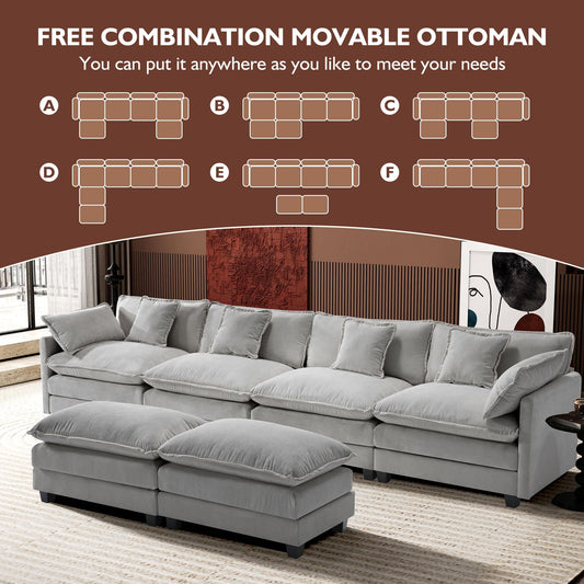 146" U-Shaped Modern Sofa Modular Sectional Cloud Couch with 2 Ottoman, 6-Seat Chenille Deep Seat Sofa with 6 Pillows for Living Room, Bedroom and Apartment, Grey