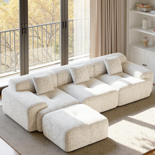 122" L Shaped Convertible Modular Couch, Cloud Couch Sectional with Ottoman, 4-Seater Chenille Boneless Couches for Living Room, Apartment, No Assembly, Beige 1PCS